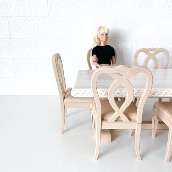 Exquisite 1:6 Scale Miniature Dining Wood Trestle Table & 8 Chair Set White Oak - Picture 5 of 14